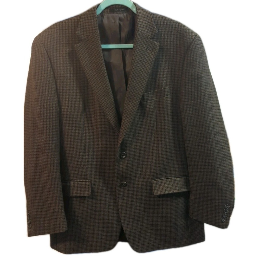 Chaps Mens 42R Blazer Brown Wool Houndstooth Sport Coat Jacket